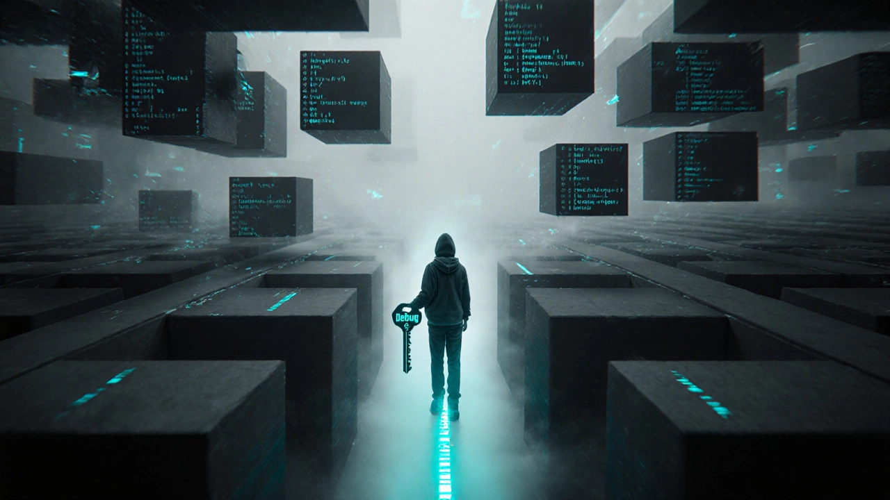 A person stands in a maze of floating code and errors, holding a glowing key as light shines through a distant path.