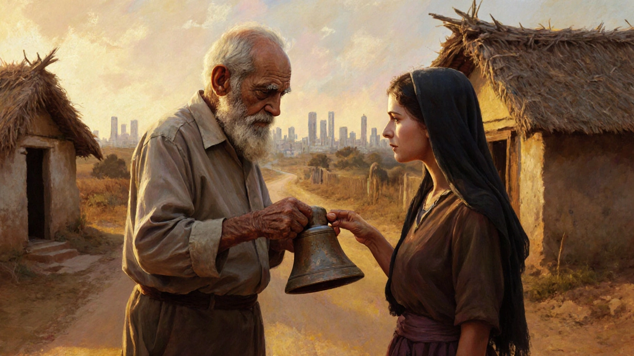 An elderly man giving a cowbell to a young woman as a symbol of sacrifice.