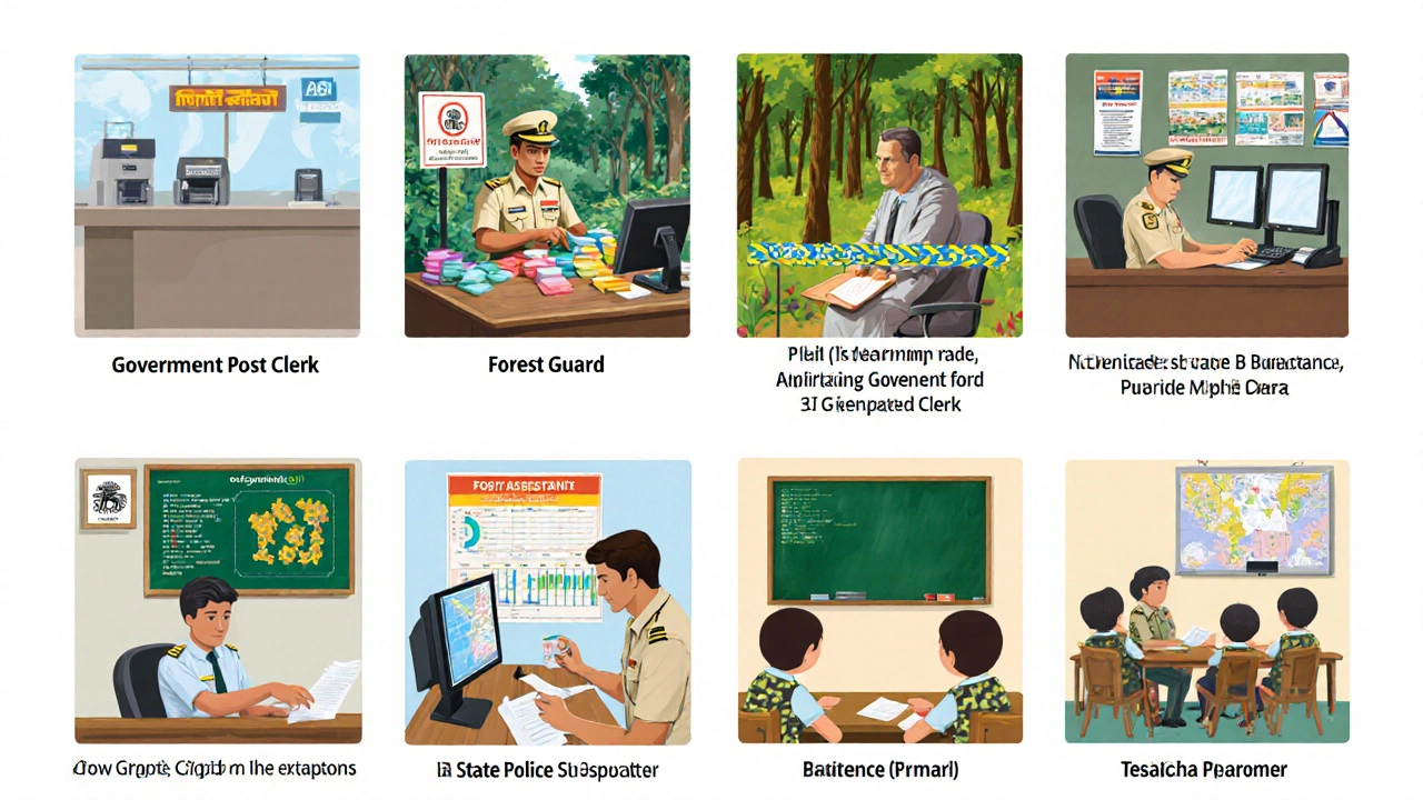 Collage of eight government jobs: clerk, forest guard, postal assistant, NIC tech, RBI officer, police SI, defence clerk, teacher.