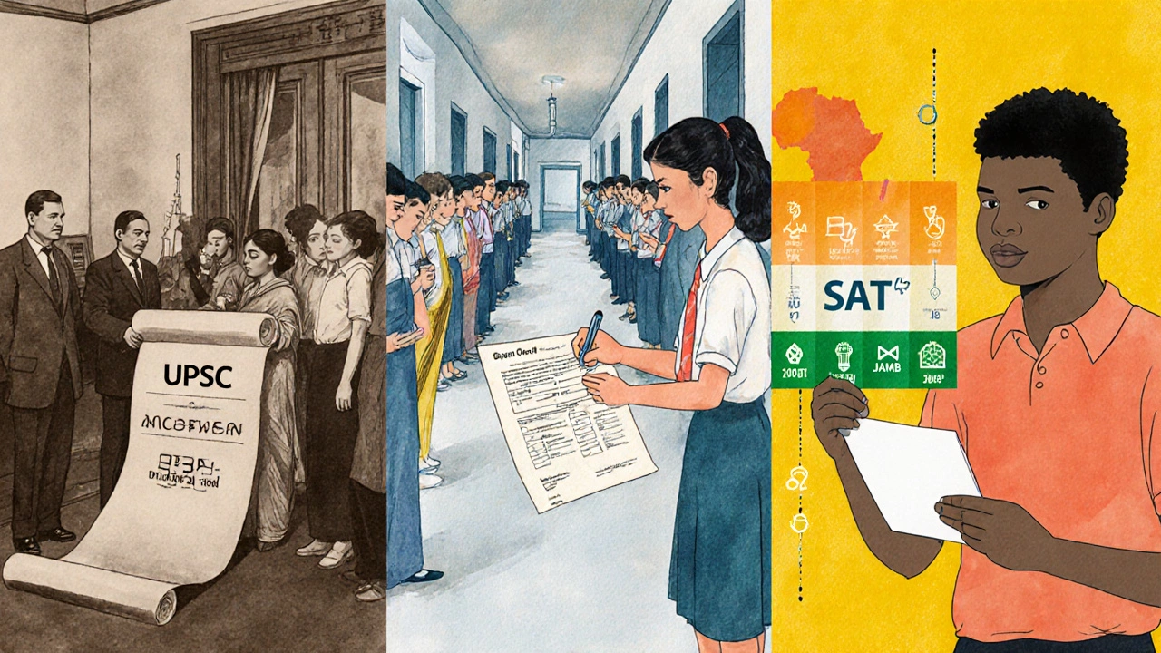 Collage showing the historical progression of UPSC, SAT, JEE, and JAMB exams across different eras.