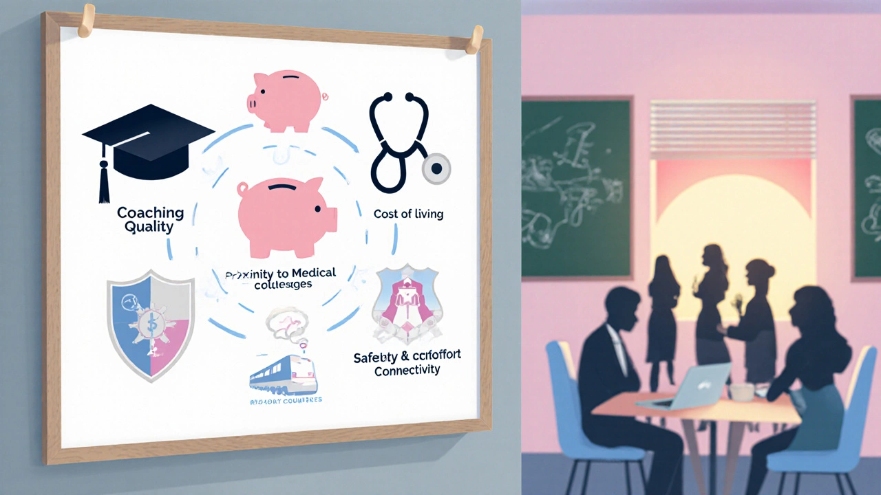 Decision‑making board showing six icons for coaching, cost, safety, connectivity, community, and proximity.