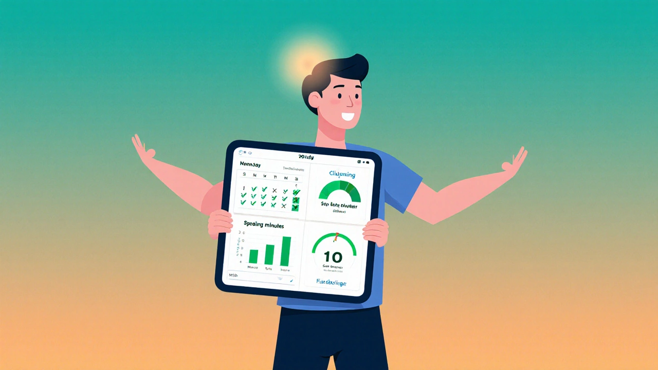 Digital art of a 30‑day confidence dashboard on a tablet with upward progress indicators.