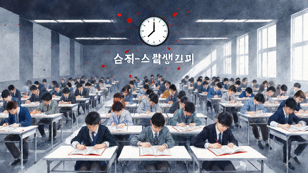Exam hall filled with students taking a high‑stakes test as a clock counts down.
