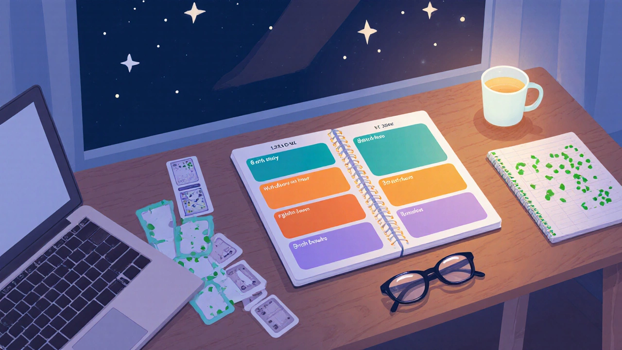 Flat‑design desk showing a color‑coded study schedule, sleep block, and bedtime routine items.