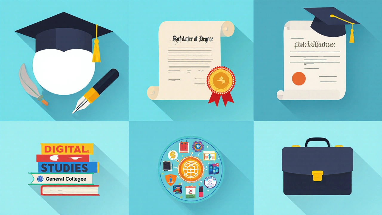 Flat illustration of various easy online degrees represented by icons and certificates.