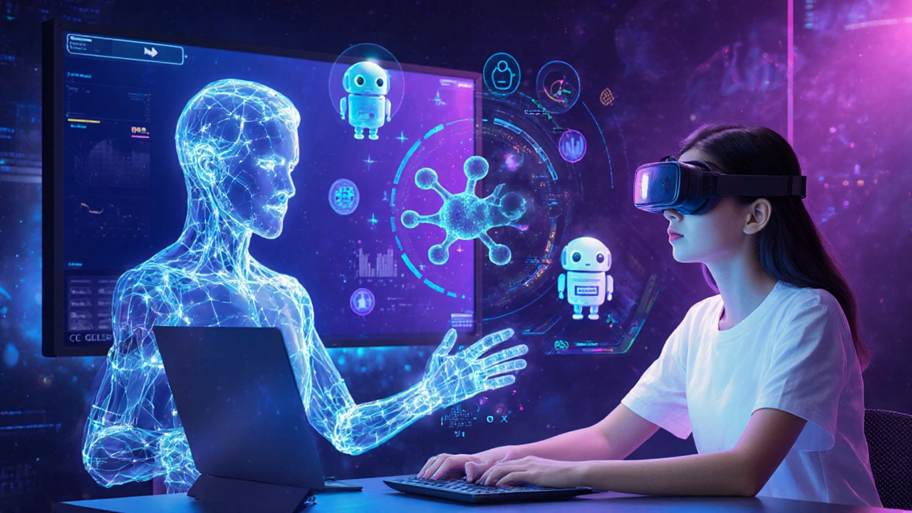 Futuristic hybrid learning scene with holographic instructor, AR glasses, and AI chatbots.