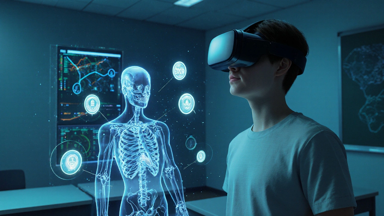 Futuristic scene with VR headset, AI hologram, 3D model, and micro‑credential badges.
