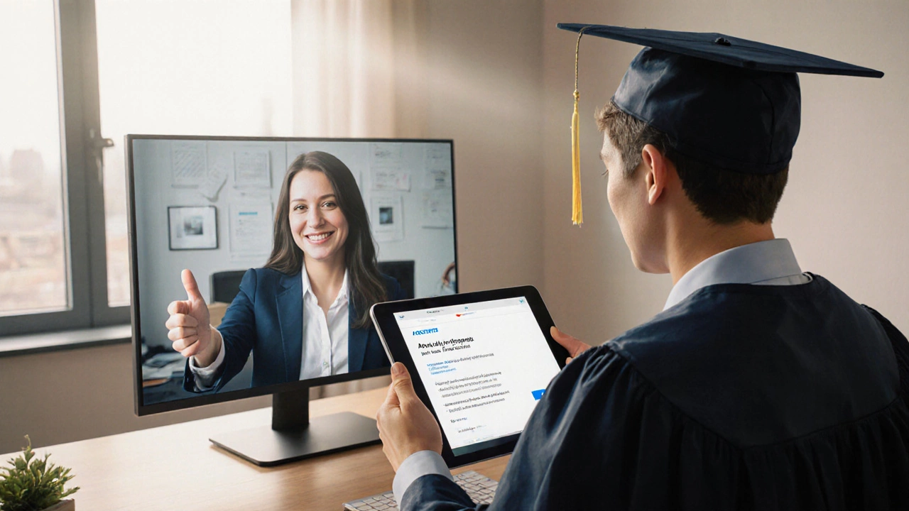 Graduate receiving a job offer via video call, showing career success after an easy degree.