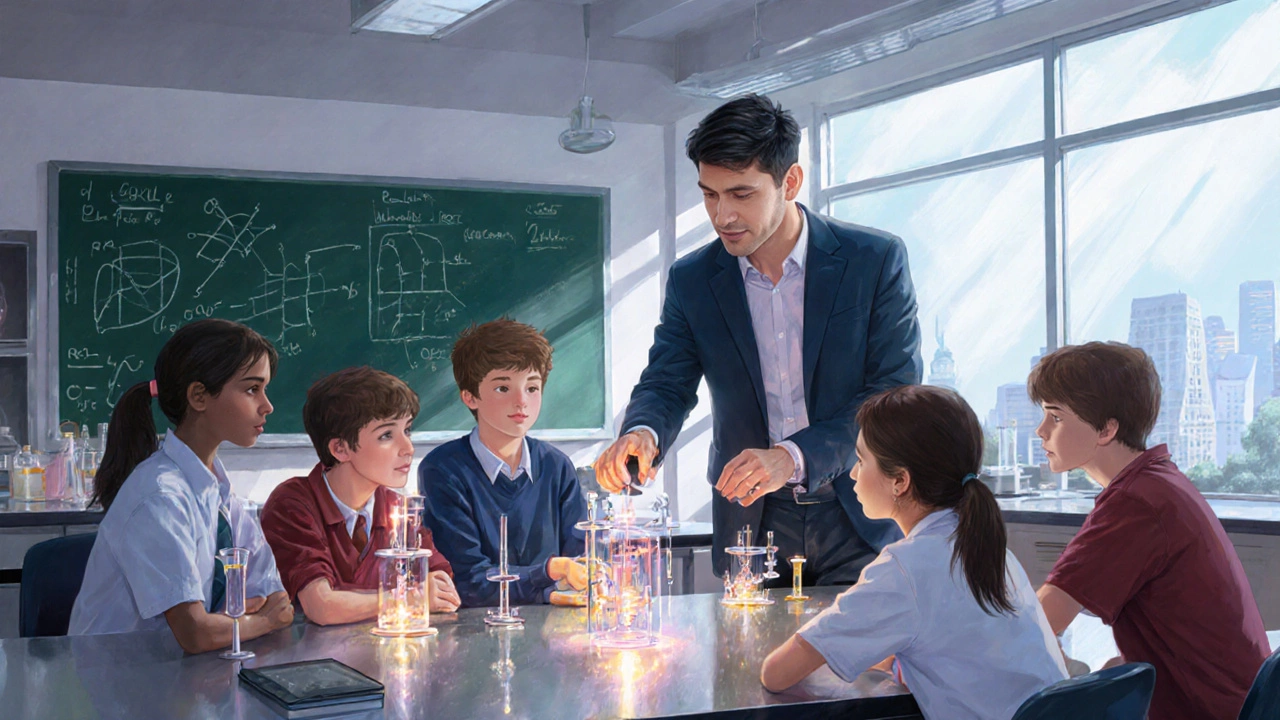 IIT alumnus mentoring high schoolers in a bright science lab during an experiment.