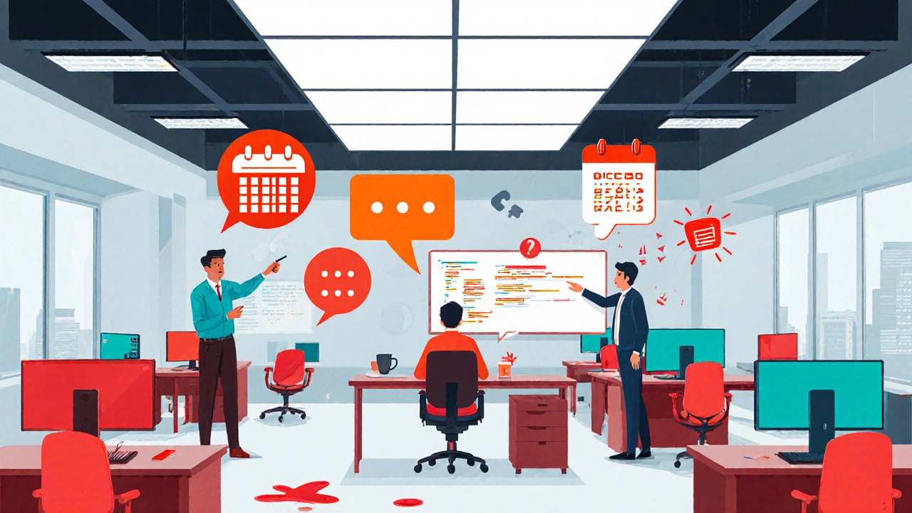 Illustrated office showing deadlines, notifications, and interruptions surrounding a stressed coder.