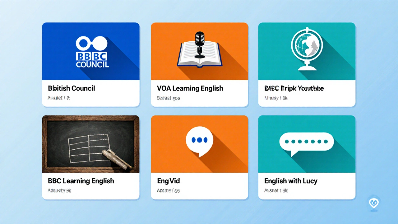 Illustrated YouTube playlist grid highlighting top English‑learning channels.