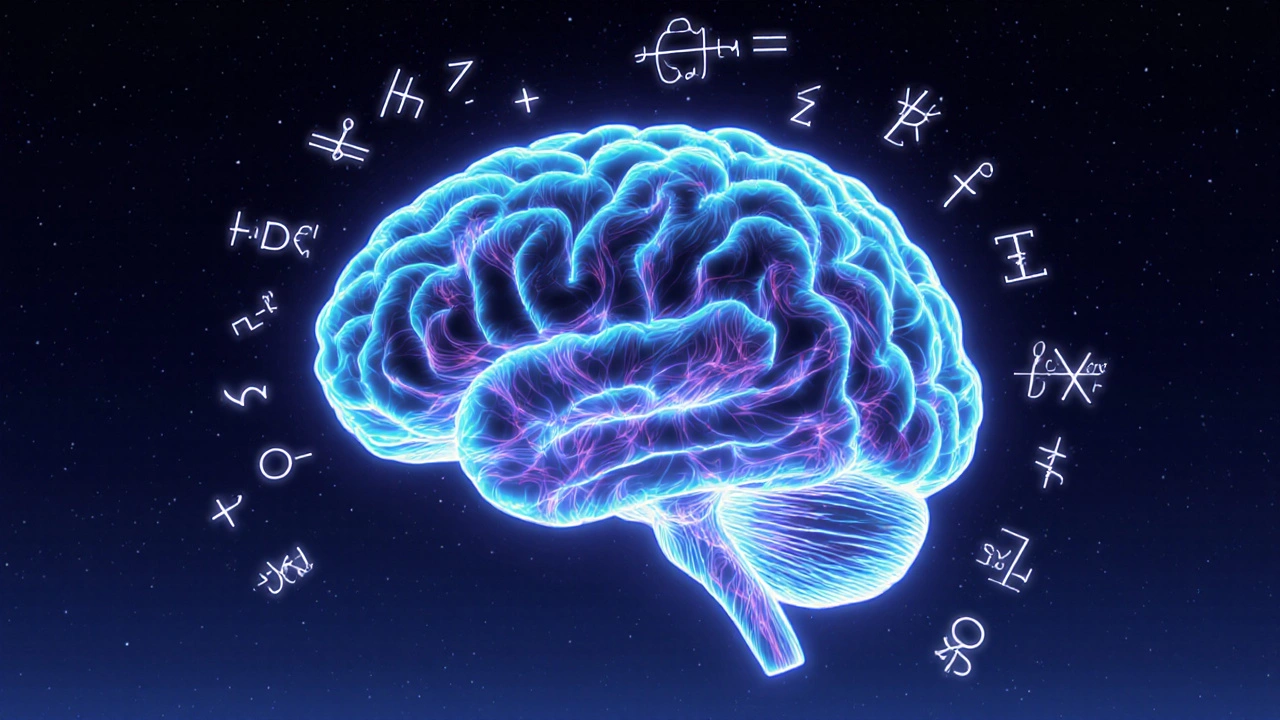 Illustration of a brain in deep sleep with glowing pathways and floating math formulas.