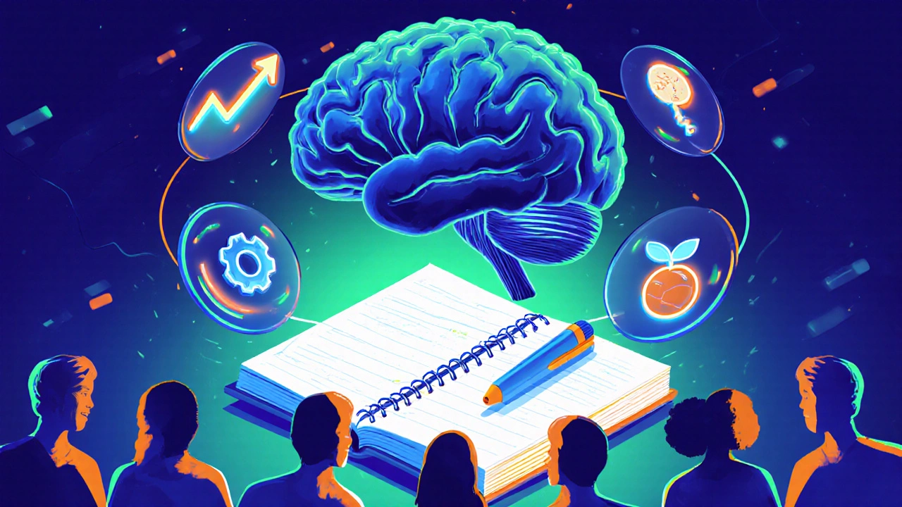 Illustration of brain with dopamine pathways surrounded by icons for motivation and growth.