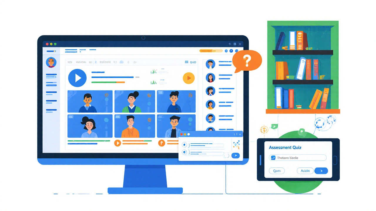 Illustration of LMS dashboard, video chat, digital library, and quiz panel as core components.