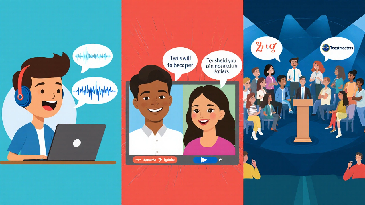 Illustration showing shadowing with headphones, video language exchange, and Toastmasters meeting.