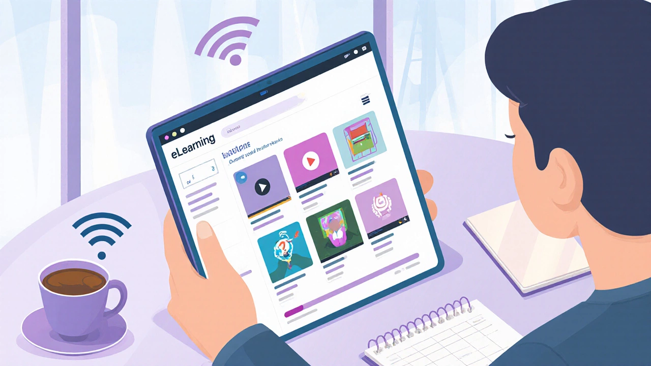 Isometric view of an eLearning dashboard on a tablet in a café setting.