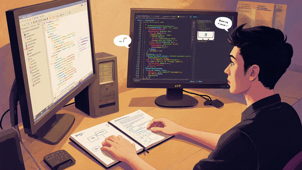 Learner works at a desk with tutorials, debugger, algorithm notes, and community chat.
