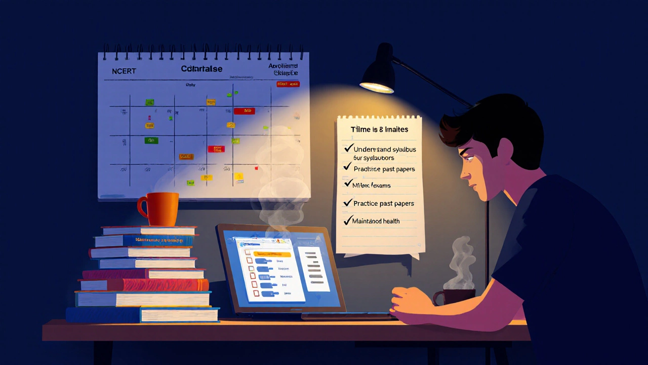 Nighttime study desk with textbooks, laptop mock test, calendar, and a focused student preparing for an exam.