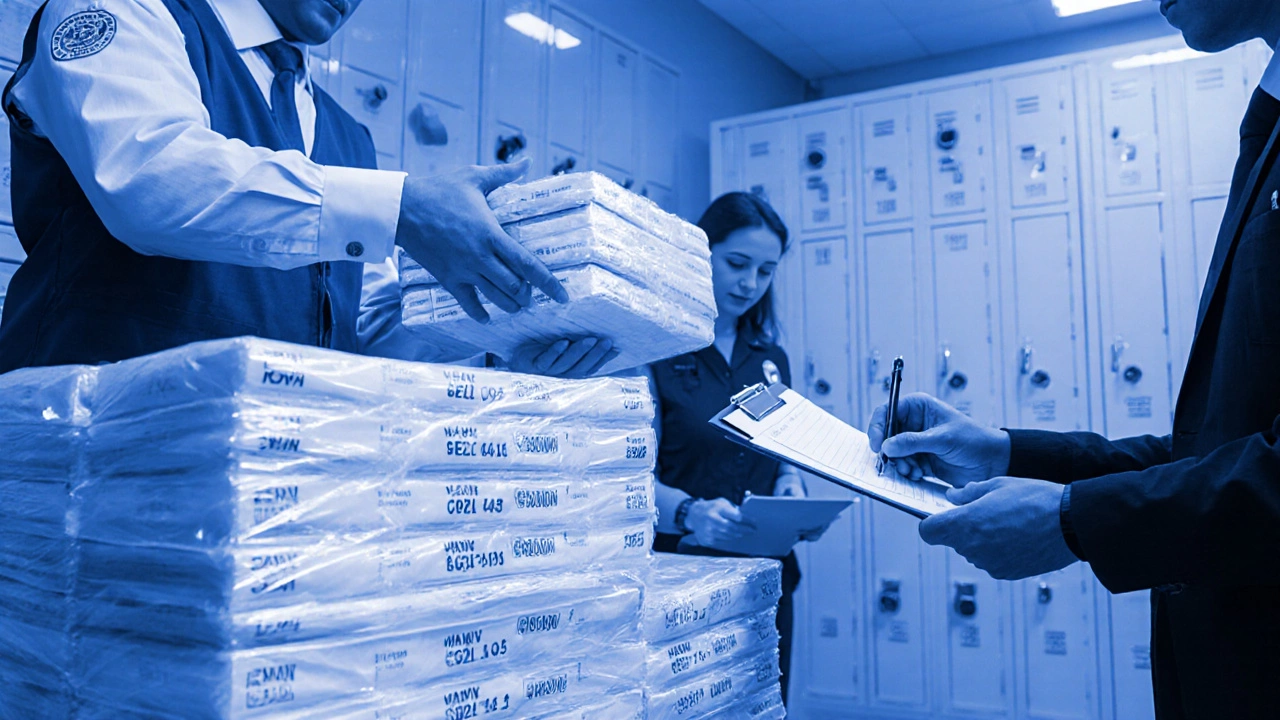 Officials handle sealed CBSE exam booklets during secure distribution.