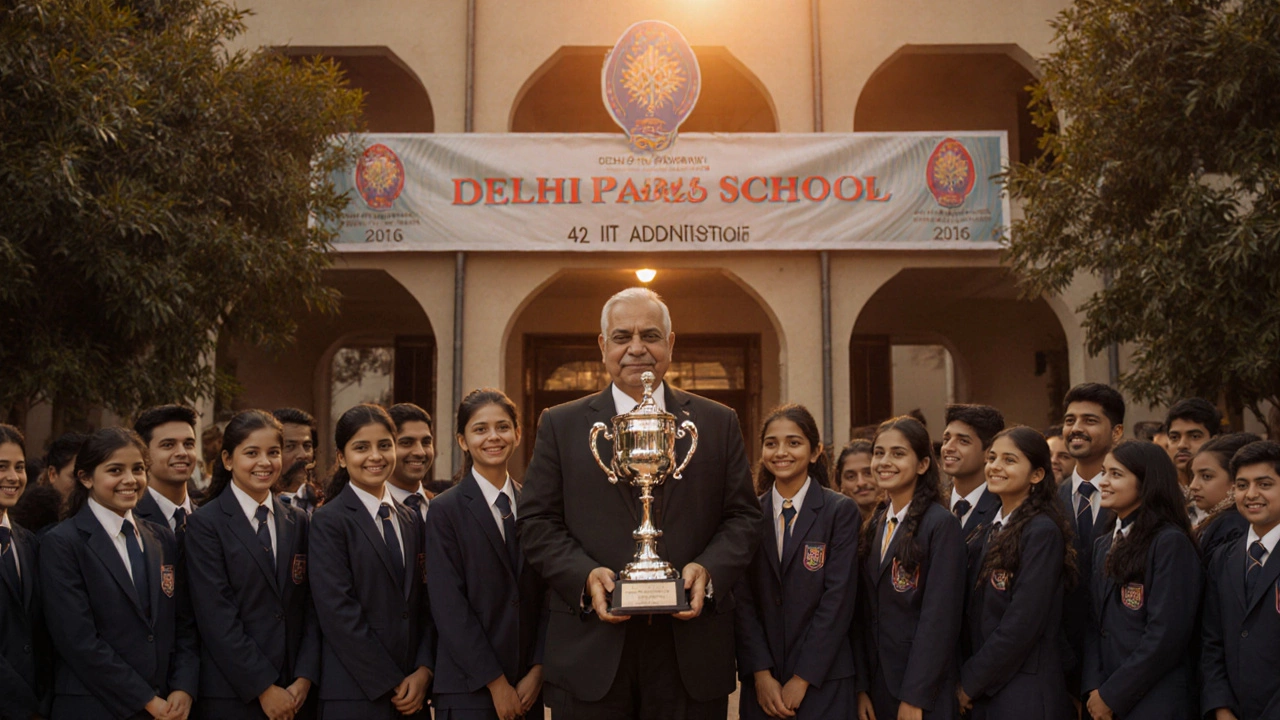 School assembly celebrating many IIT admissions with a principal, trophy, and happy students.
