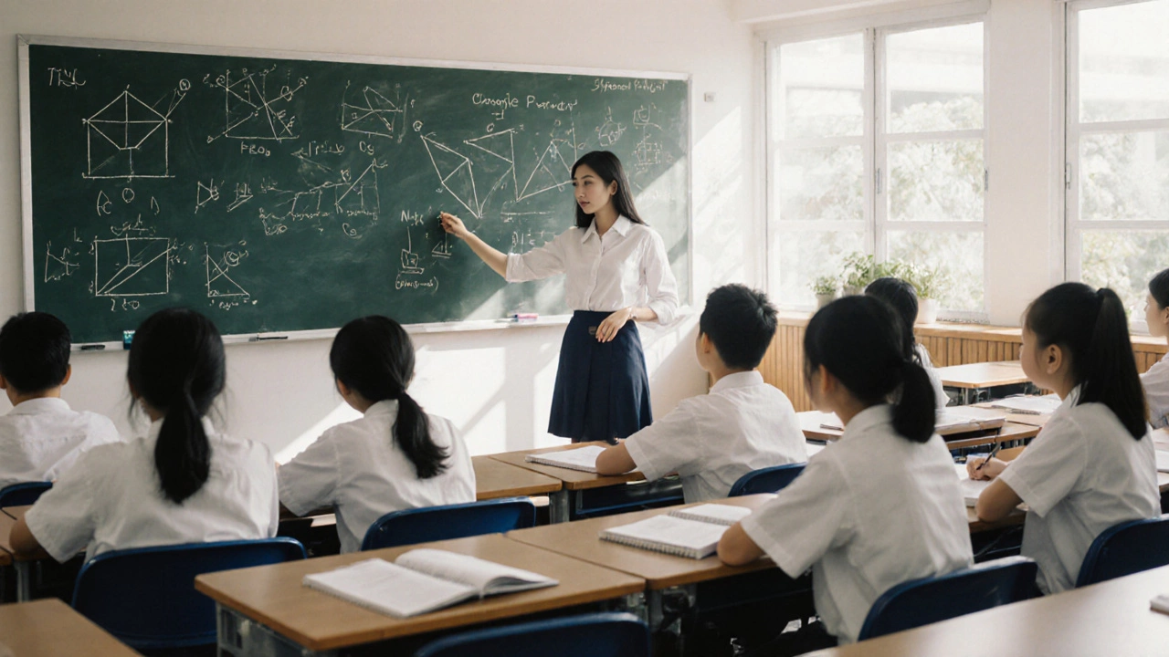 Singapore classroom with teacher, students, and detailed geometric diagrams on board.