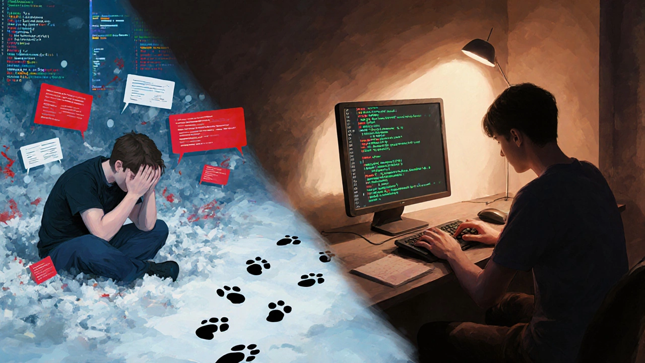 Split image: frustrated coder on left, calm coder on right, with a transition path from chaos to clarity.