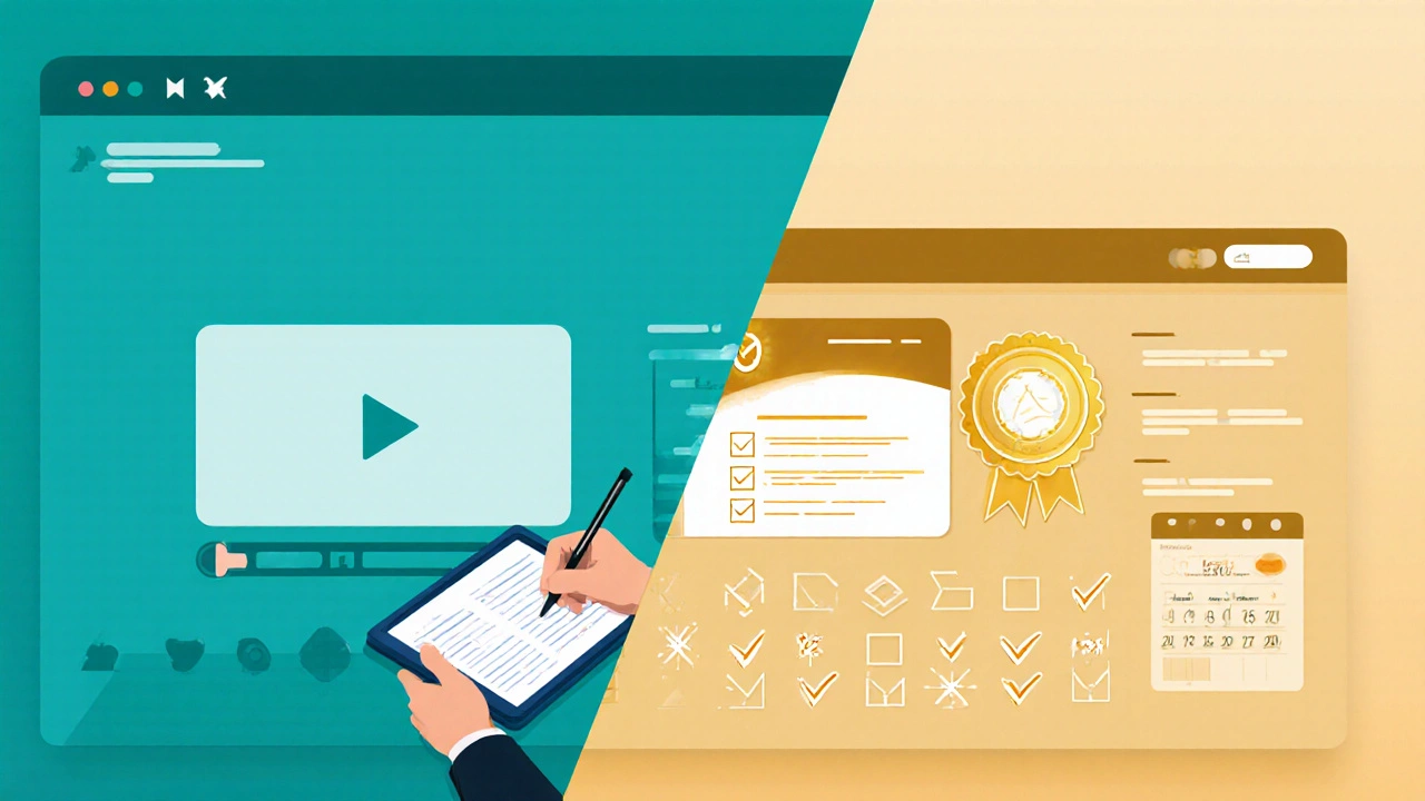 Split view showing free video lesson on the left and paid certificate dashboard on the right.