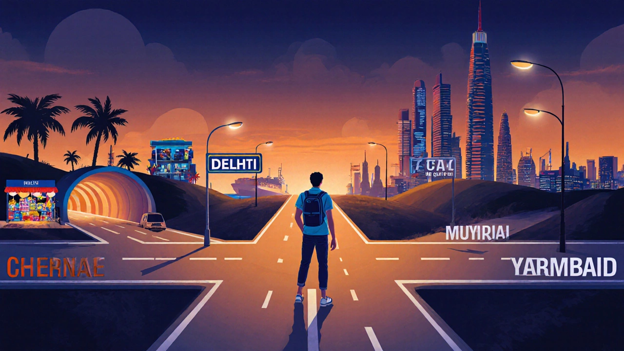 Student at a dusk crossroads facing paths labeled Delhi, Chennai, Hyderabad, Mumbai, and Pune.