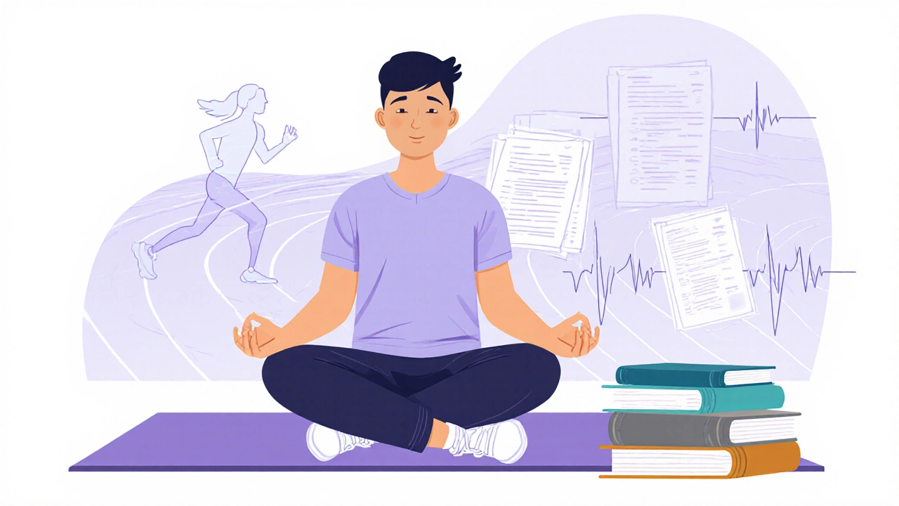 Student meditating on textbooks, with subtle hints of running track and exam sheets.