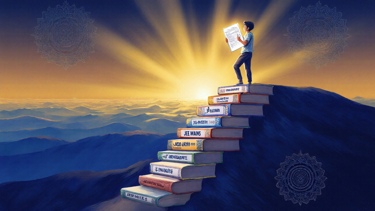Student standing on a staircase of JEE books leading toward a sunrise, holding a high JEE score report.