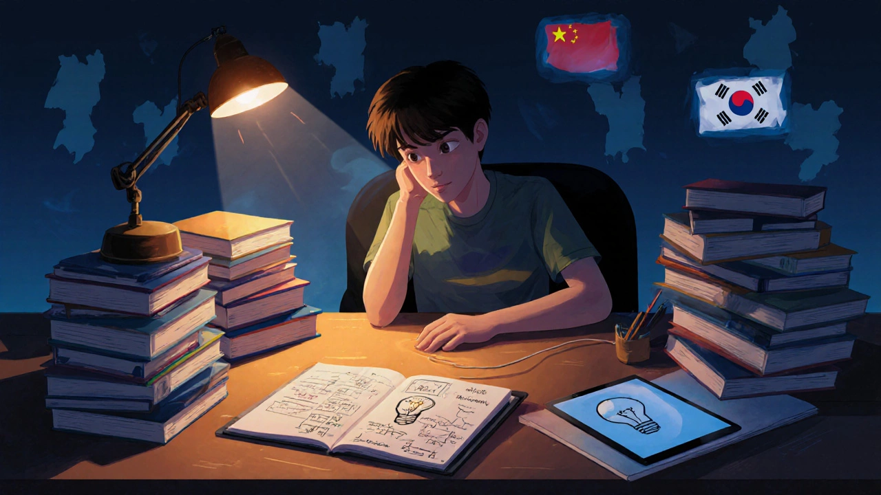 Student studying late with math books, notebook, and glowing desk lamp.
