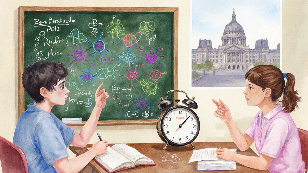 Study scene with concept map, timer, and peer teaching near a faint exam hall.