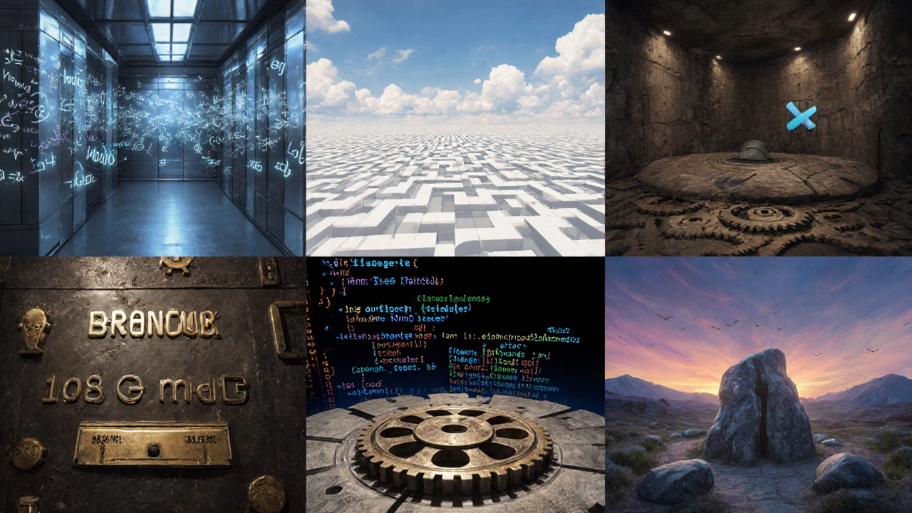 Surreal illustration shows six chambers, each themed for a hard programming language.