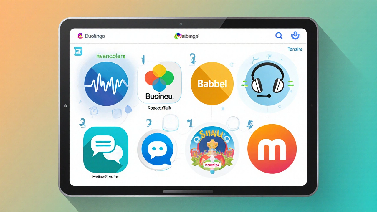 Tablet collage of seven English‑speaking app icons with visual cues.