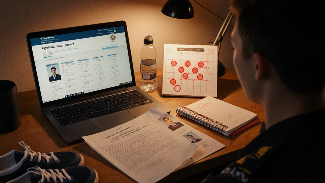 Workspace with job postings, documents, calendar, laptop and fitness gear shows applicant preparing for low‑competition roles.