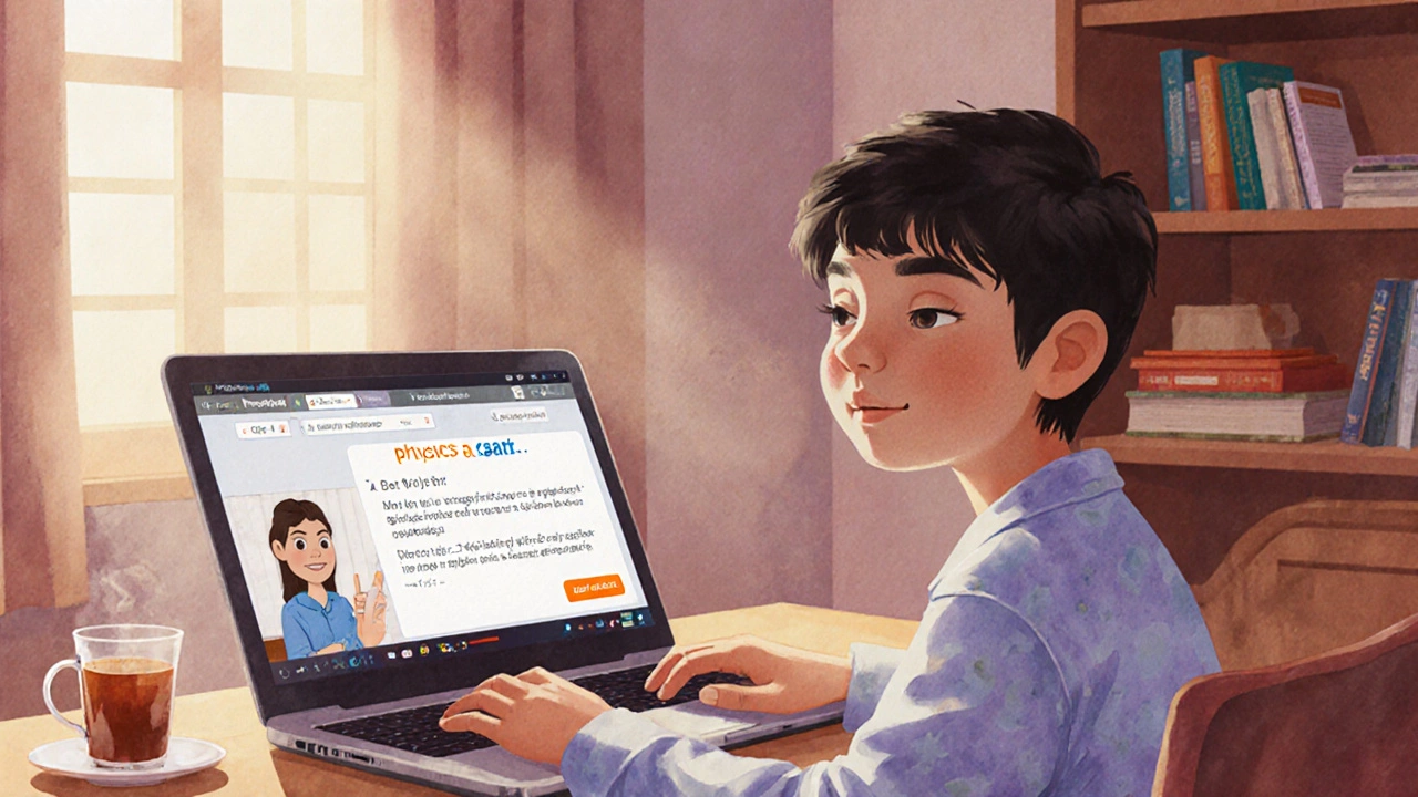 A student learning NEET concepts on a laptop in a quiet bedroom with sunlight and textbooks nearby.