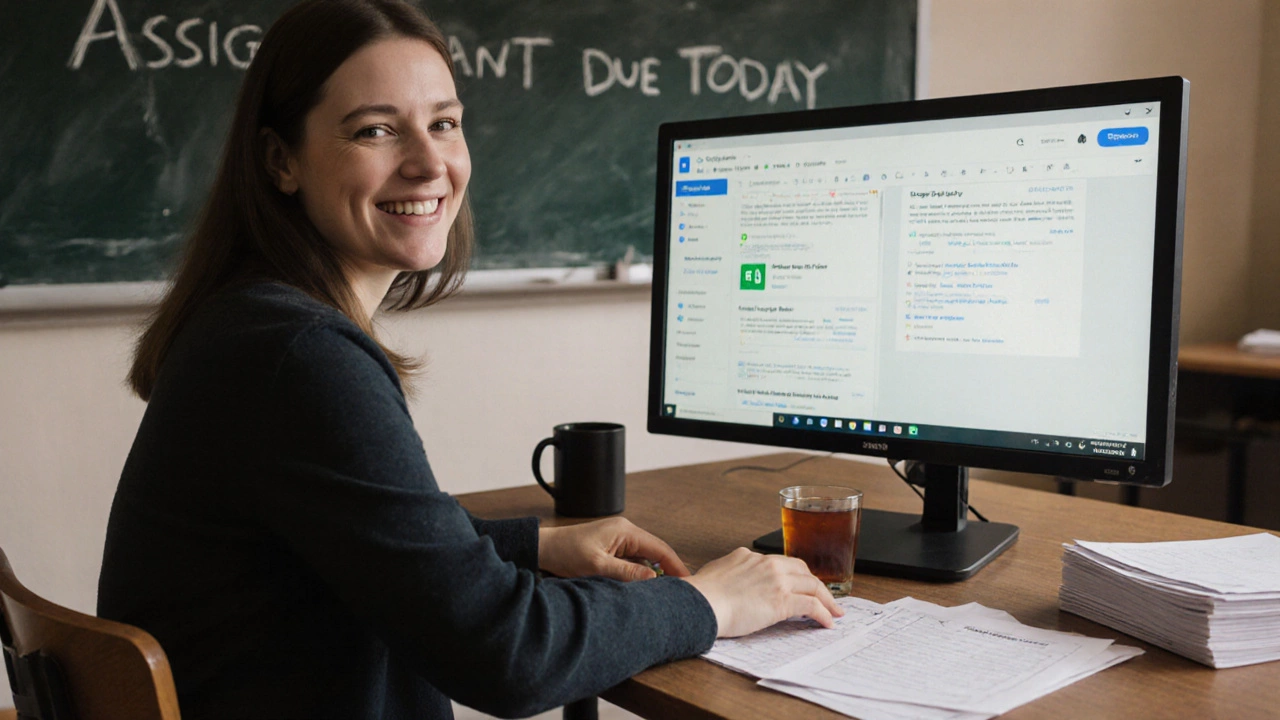 A teacher reviewing student work on Google Classroom with Docs and Sheets open on her monitor.