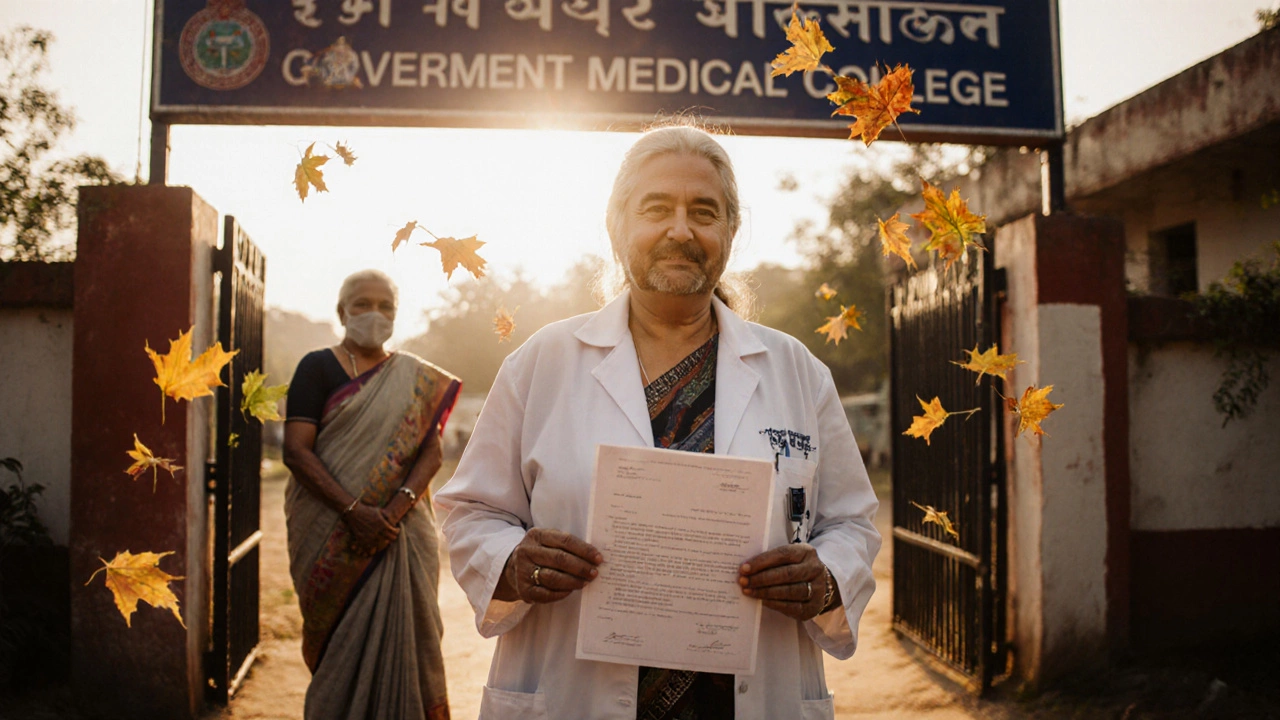 A woman in her 30s holding her medical college admission letter as her parents look on proudly.
