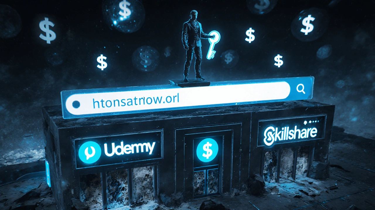 Creator standing on their own website as digital malls crumble below, surrounded by floating money and a key labeled &#039;Consistency&#039;.