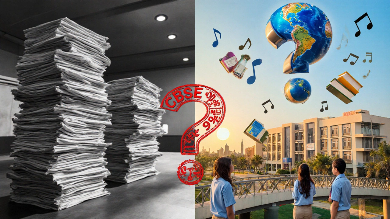 Dual-panel visual contrast between rigid exam-focused education and creative, global learning environments.