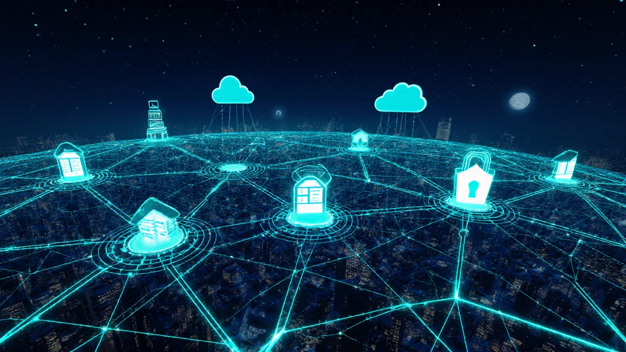 Glowing digital network connecting city buildings with AI, cloud, and cybersecurity icons in a futuristic style.