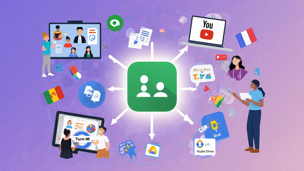 Google Classroom as a central hub connecting Zoom, YouTube, Forms, and Drive in a digital network.