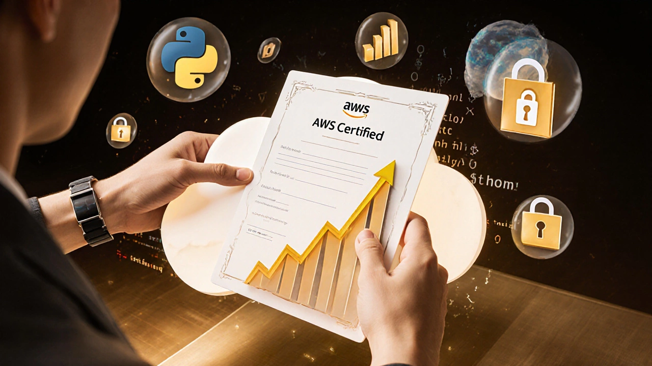 Hands placing a cloud certification certificate onto a rising salary graph with tech icons around it.