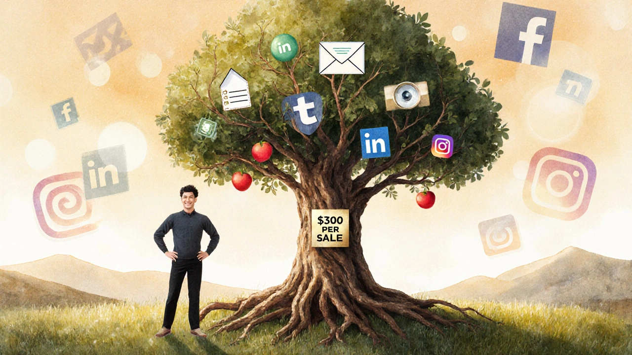 Instructor beside a tree with email and social media roots, bearing course earnings as fruit under golden light.