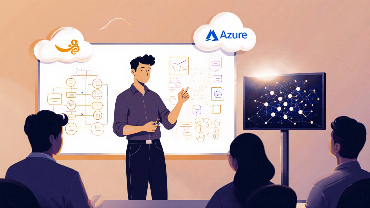 Mid-level developer presenting data dashboard with cloud and Git icons in background.