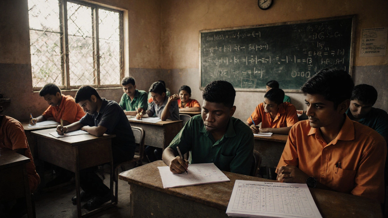 Multiple NEET repeaters studying together in a coaching center, sunlight streaming through windows.