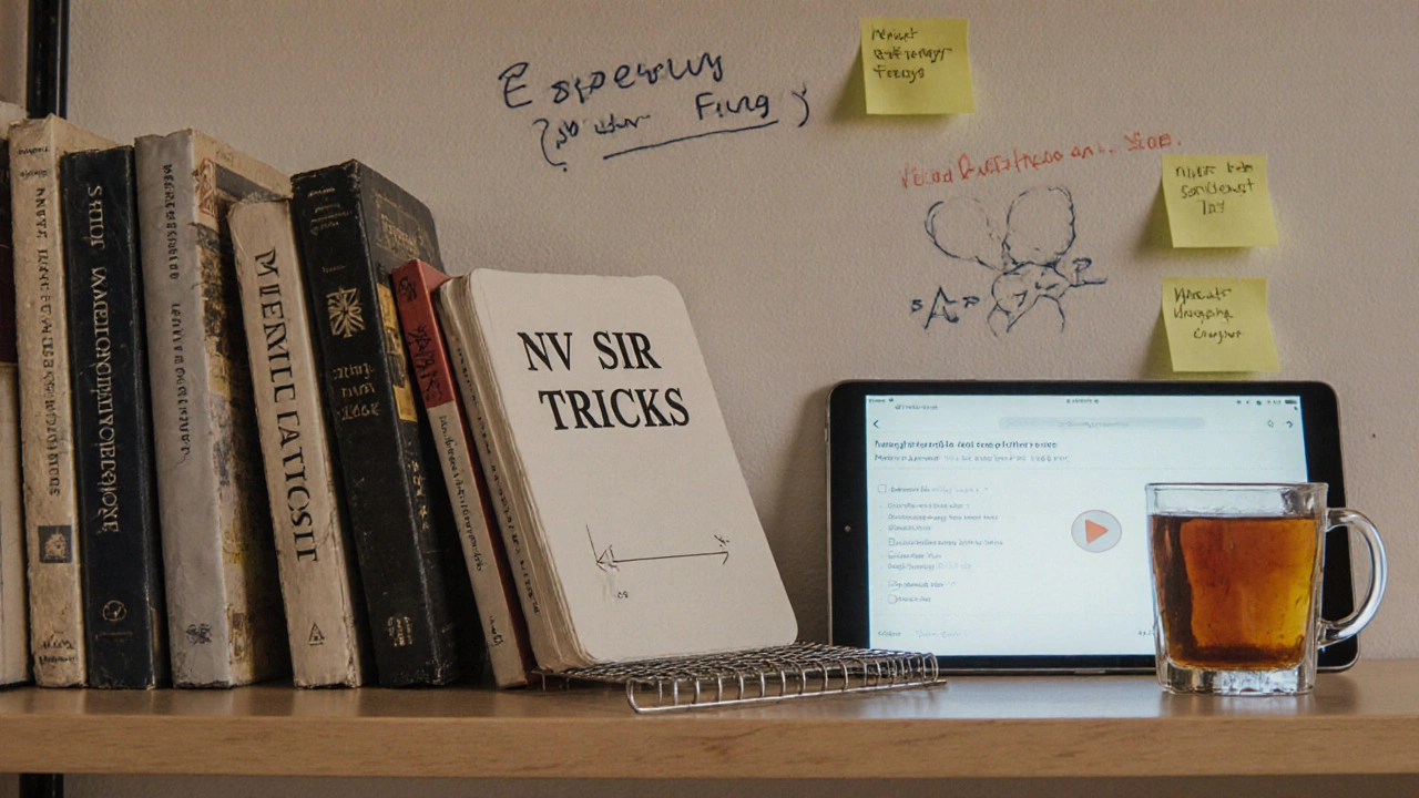 NEET prep shelf with NV Sir&#039;s notebook and tablet playing his problem-solving video.