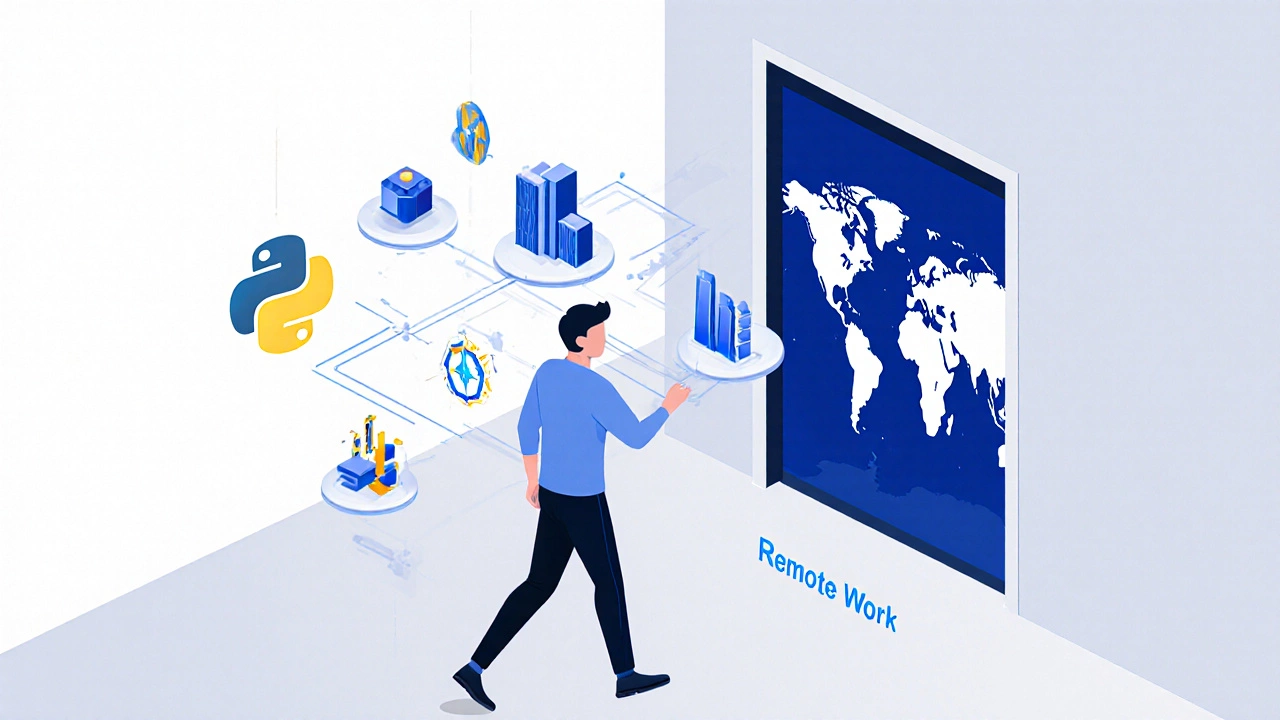 Senior developer stepping into global remote work, surrounded by AI and cloud icons.