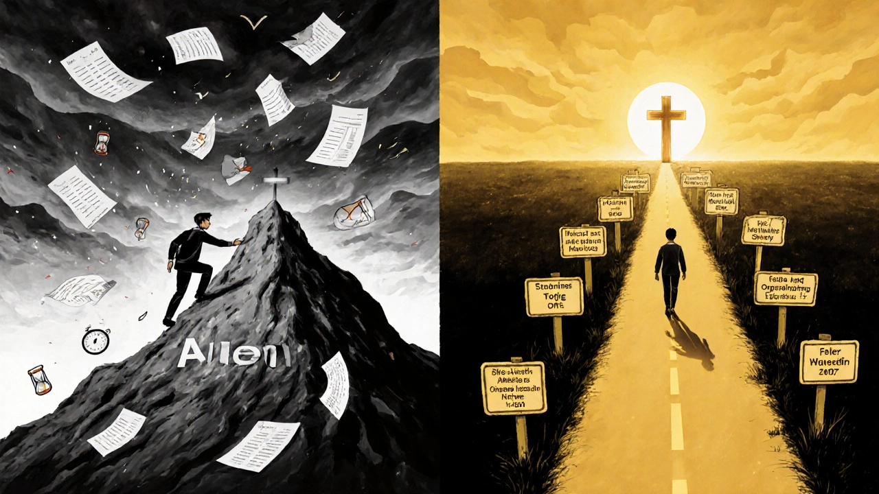 Split image showing two paths to medical success: one stormy and harsh, the other calm and clear.