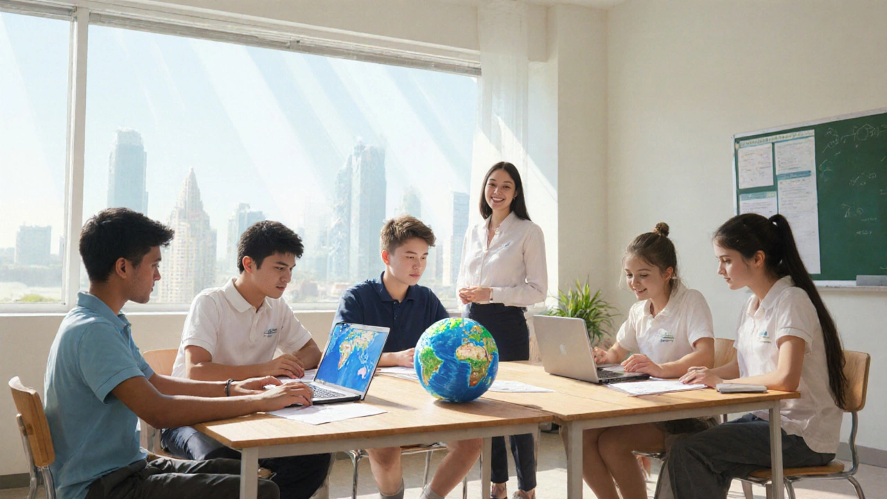 Students in a bright Dubai international school working collaboratively on projects with laptops and research materials.